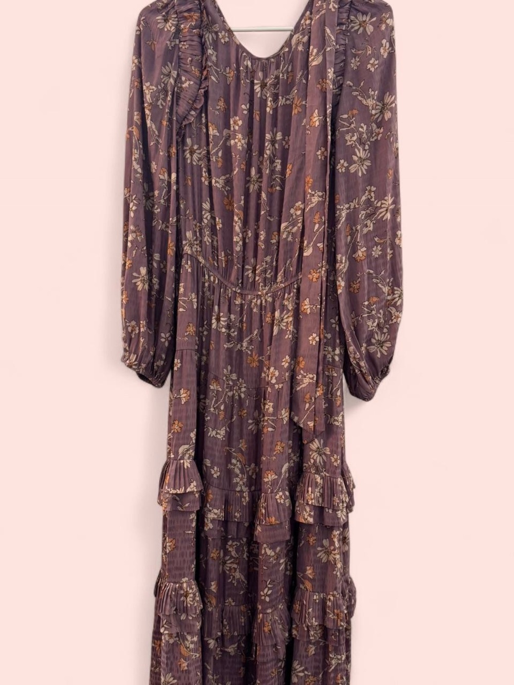 Current Air Mauve Floral Long Sleeve Tiered Midi Dress